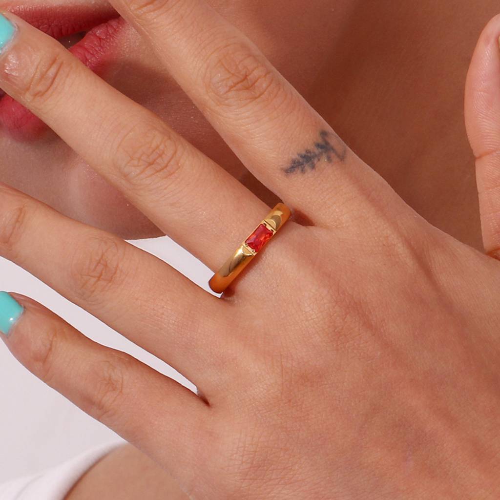 18K Gold Plated Waterproof Anti-Tarnish January Red Birthstone Zircon Ring : AMG0425R777R_8