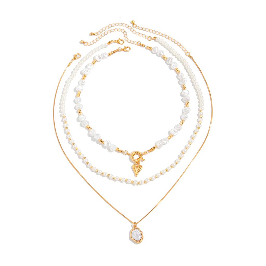 Set Of 3 - Gold Plated Anti-Tarnish Beaded Pearl Layered Necklace : ADN0825N6444
