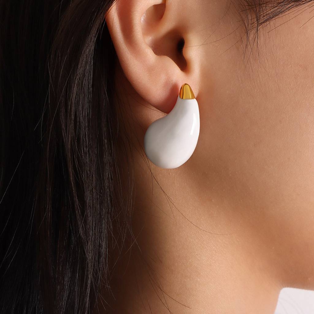 18K Gold Plated Waterproof, Anti-Tarnish White Big Tear Drop Stud Earrings : AOU0125E128WH