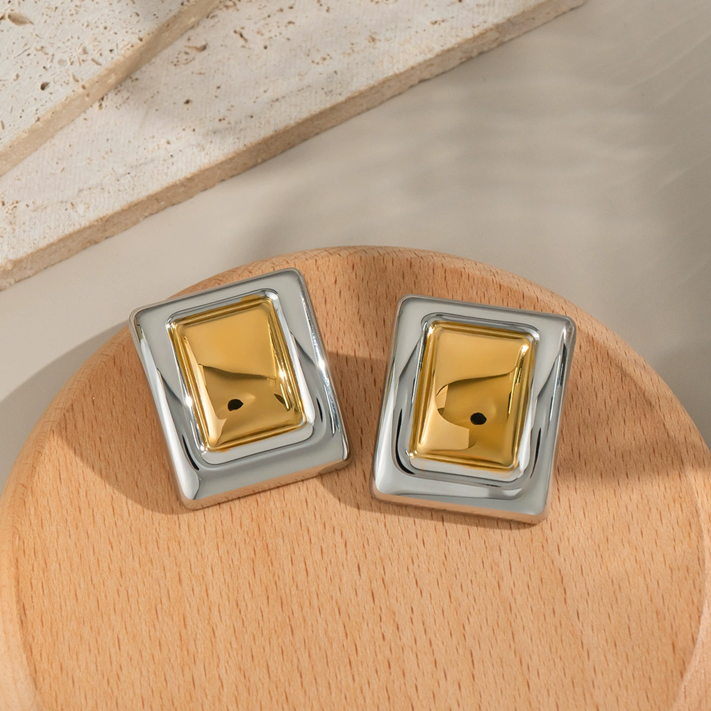 18K Plated Waterproof Anti-Tarnish Two-Toned Statement Rectangle Stud Earrings : ALL0725E603SG