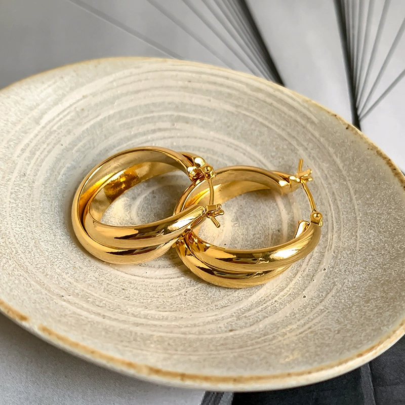 18K Plated Waterproof Anti-Tarnish Double Thick Hoop Earrings : ALL0725E375G