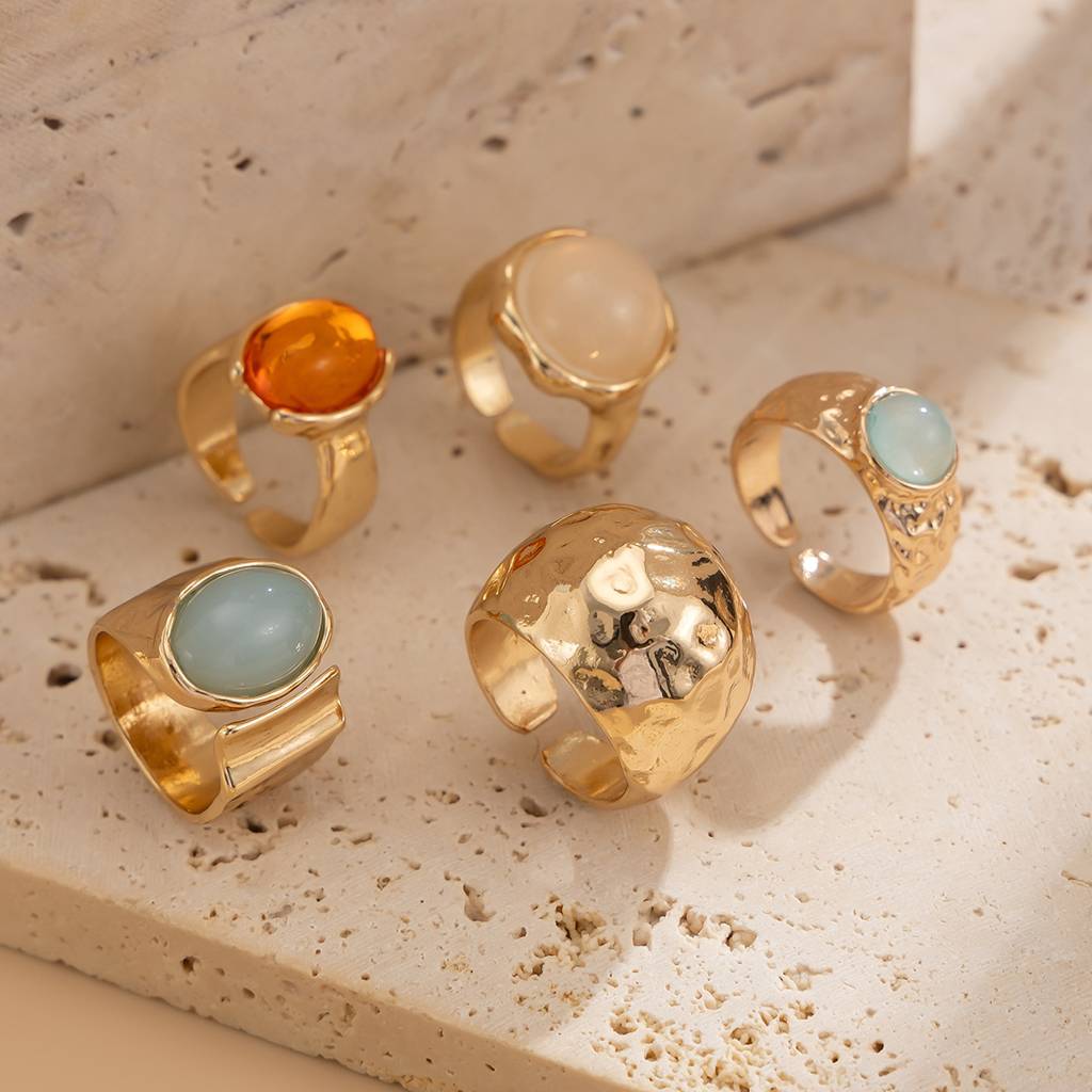 Gold Anti-Tarnish Multicolor Gemstone Hammered Statement Stack Rings(Set Of 5) : ADN0525R803