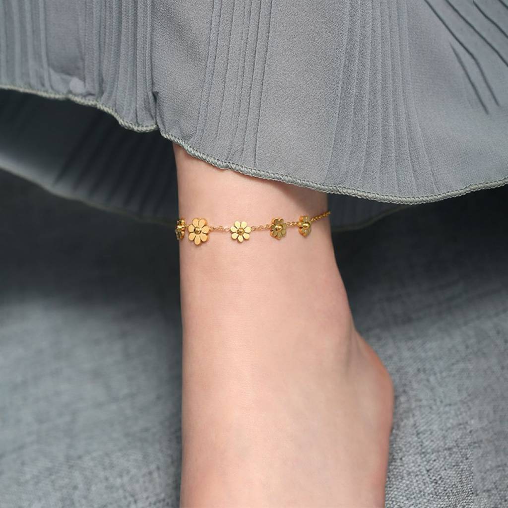 18K Gold Plated Waterproof Anti-Tarnish Floral Charm Anklet : ASJ0125AN075G