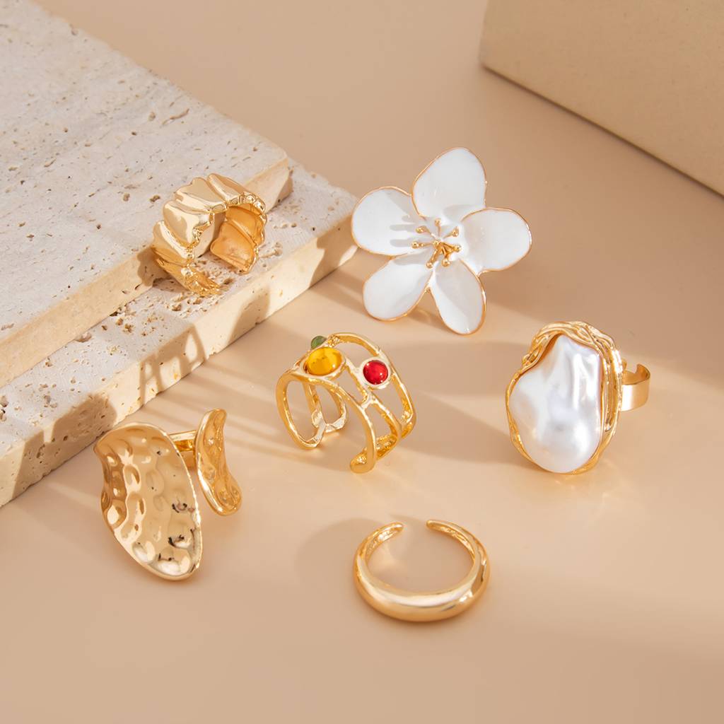 Gold Anti-Tarnish Baroque Pearl White Floral Statement Stack Rings (Set Of 6) : ADN0525R134