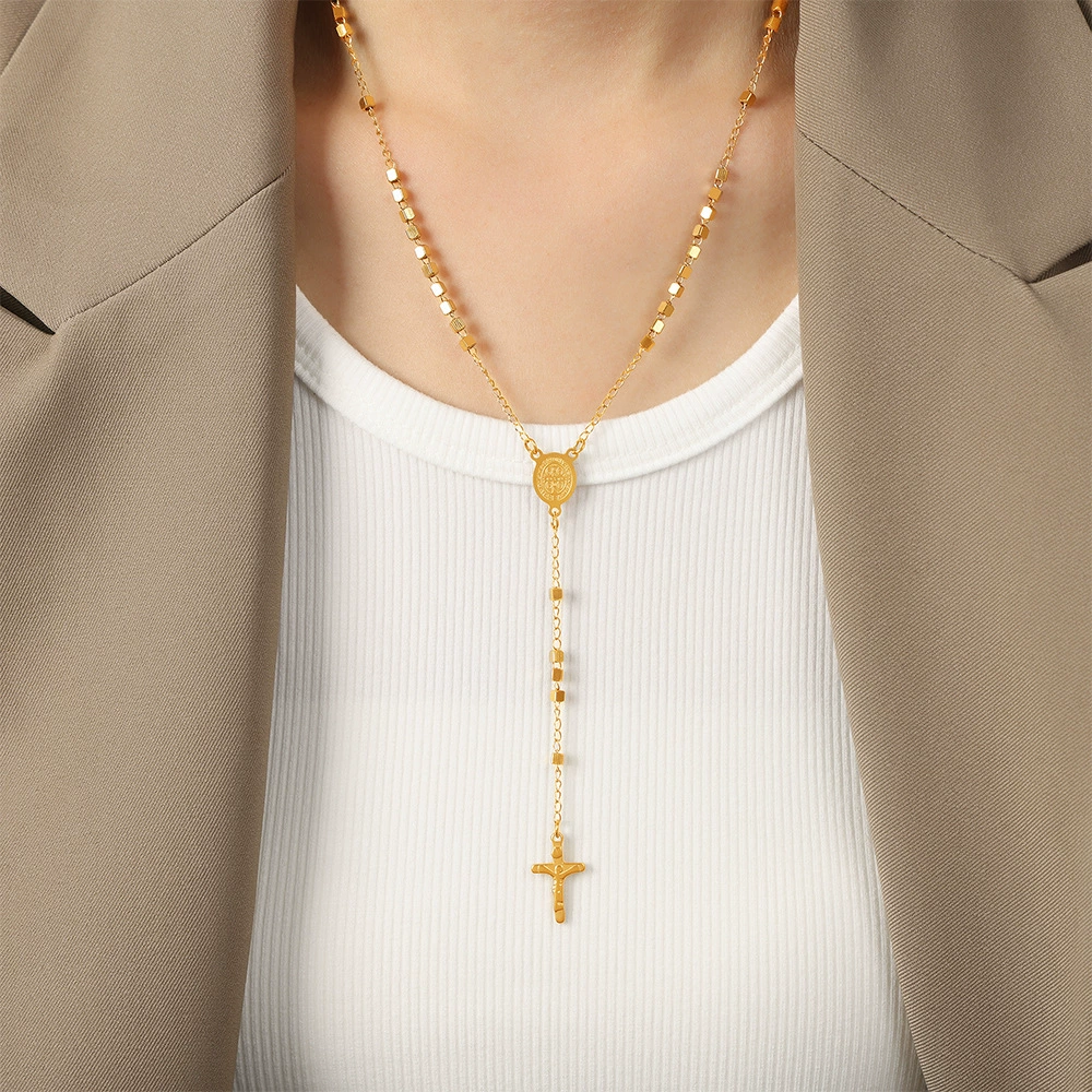 18K Gold Plated Waterproof Anti-Tarnish Cross Lariat Chain Necklace Gold  Stainless Steel