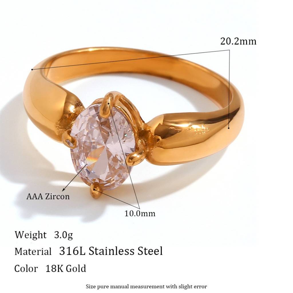 18K Gold Plated Waterproof Antitarnish Oval Zircon Ring : AMG0624R7821WH