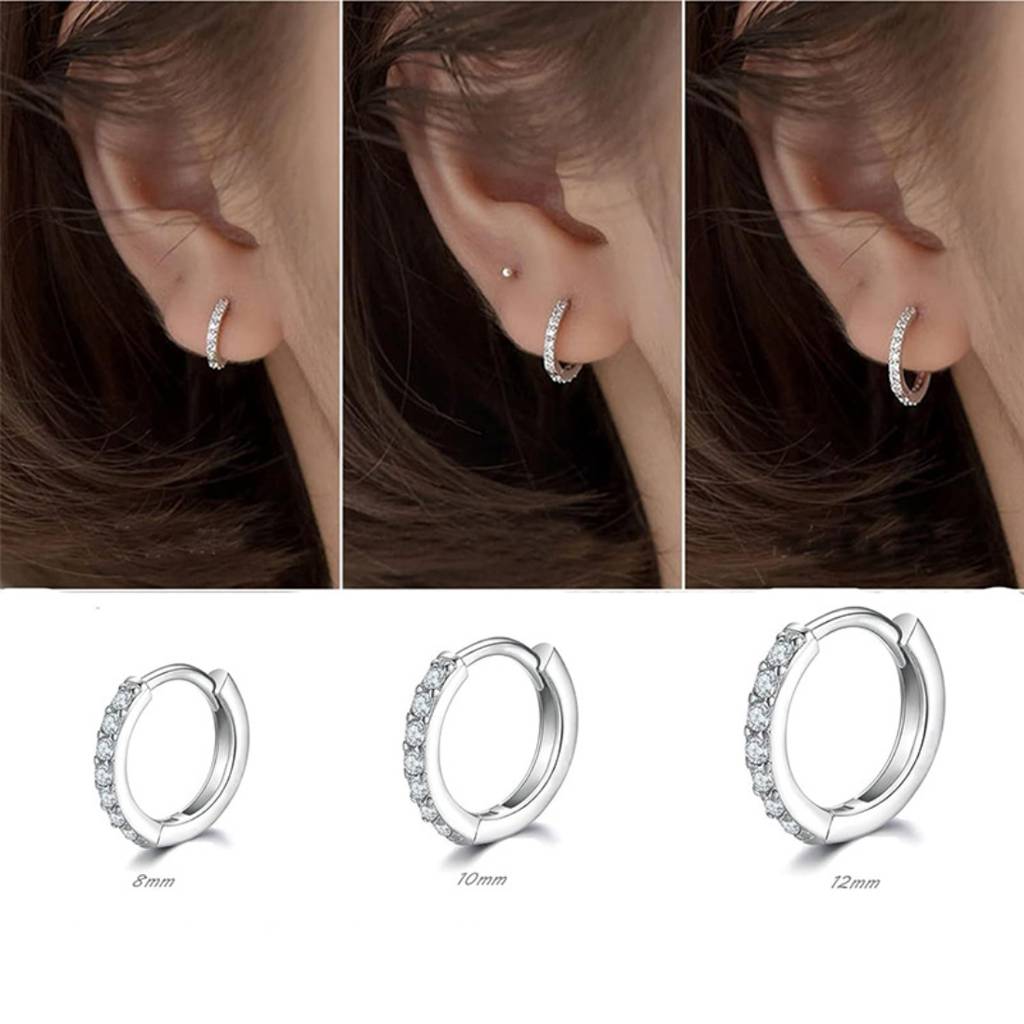14K Silver Plated Hoops With Zircons - Set Of 3, Lightweight Daily Wear Earrings : AXY1124E1018S