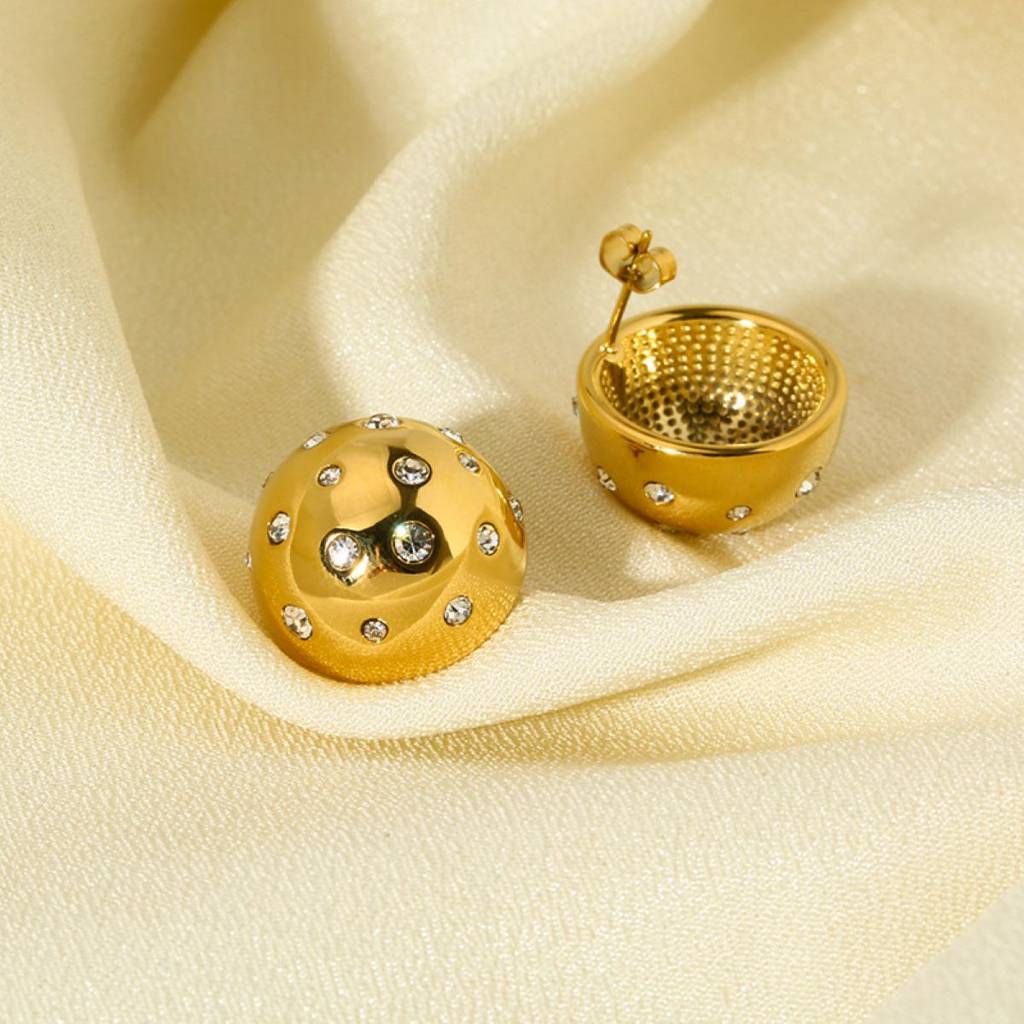 18K Gold Plated Waterproof Anti-Tarnish Round Zircon Dome Studs : ANX0125E100