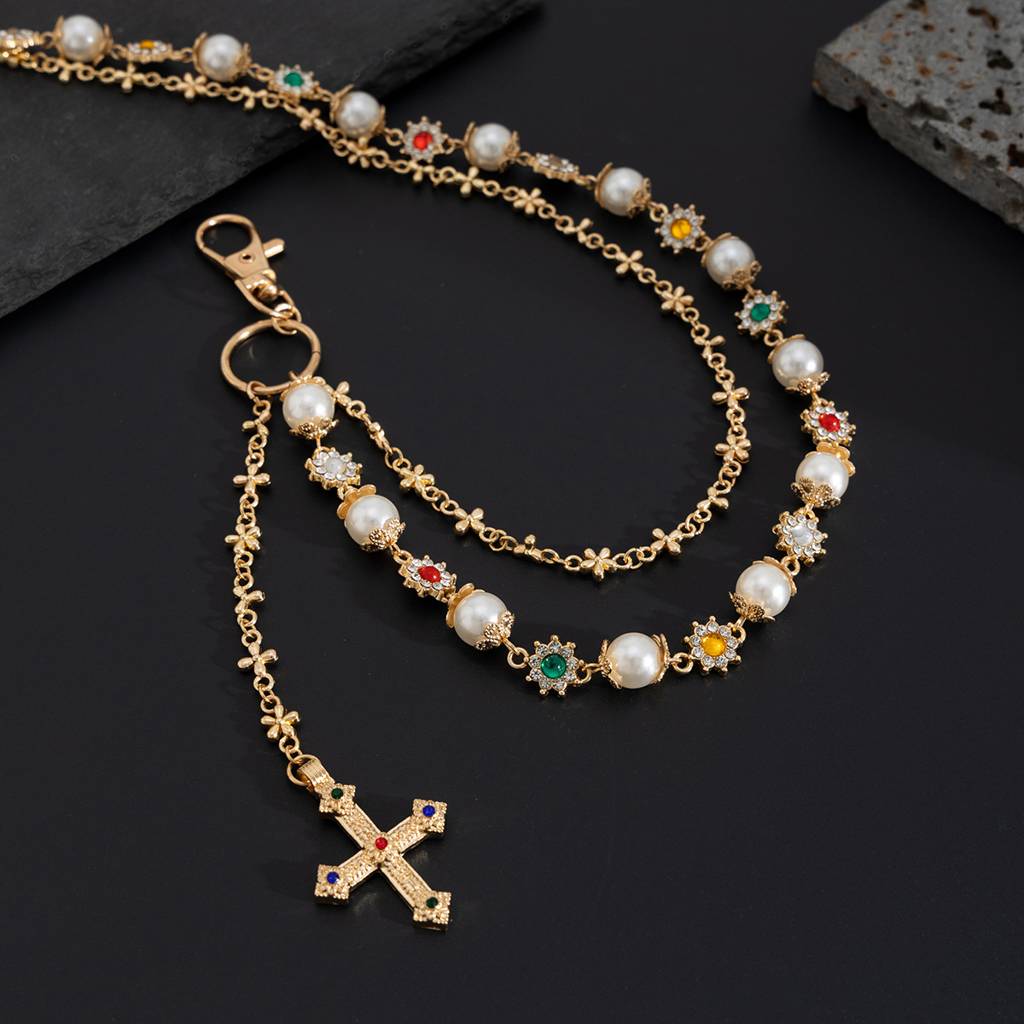 Mens Plated Anti-Tarnish Two Layer Rhinestone With Pearl Cross Pant Chain : ADN0825WC1728G_M