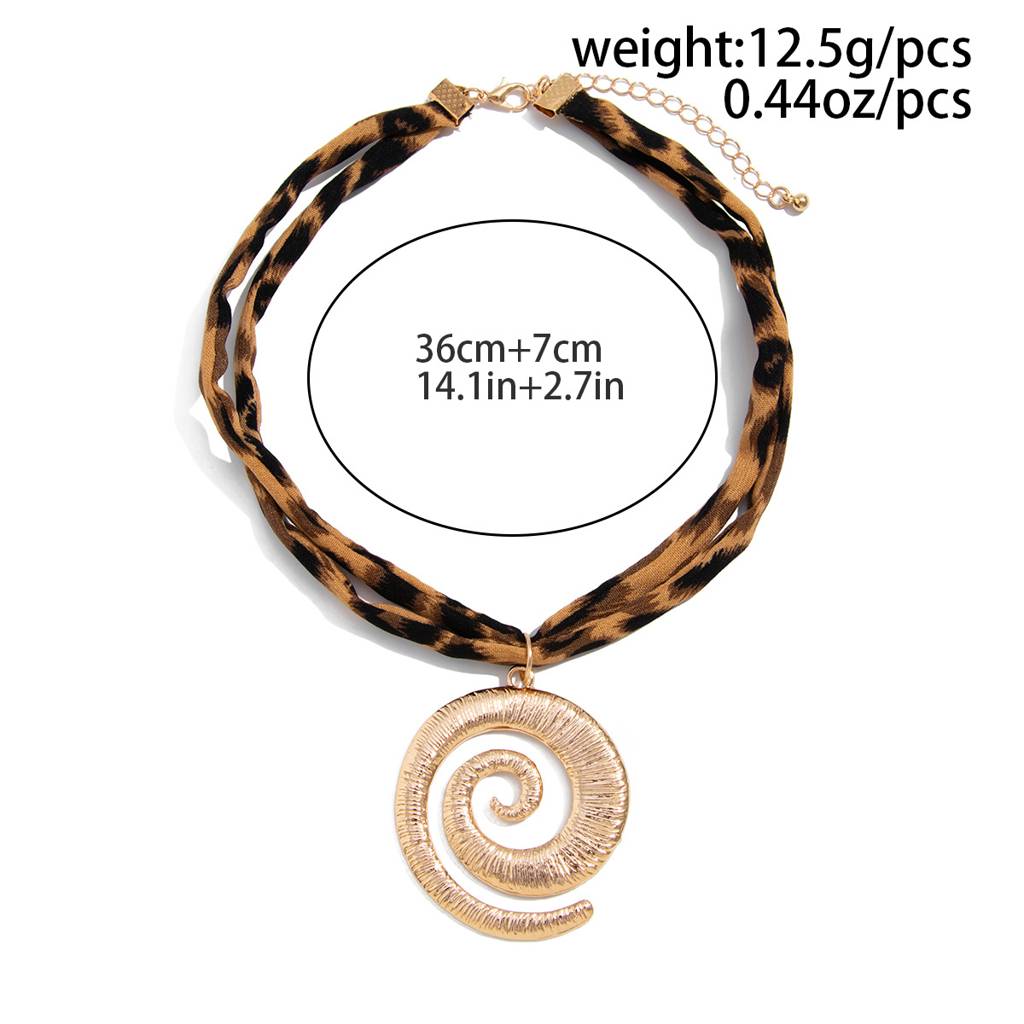 Boho Style Leopard Print Fabric And Spiral Pendant Necklace : ADN0525N7099