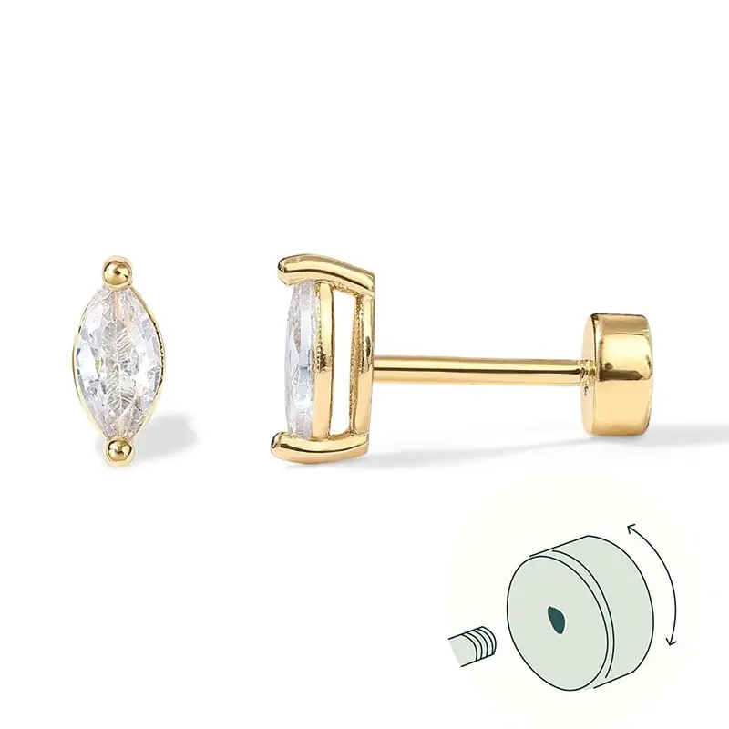 14K Gold Plated Anti-Tarnish Petal Zircon Flat Back Stud Earrings : AXY0925E1068