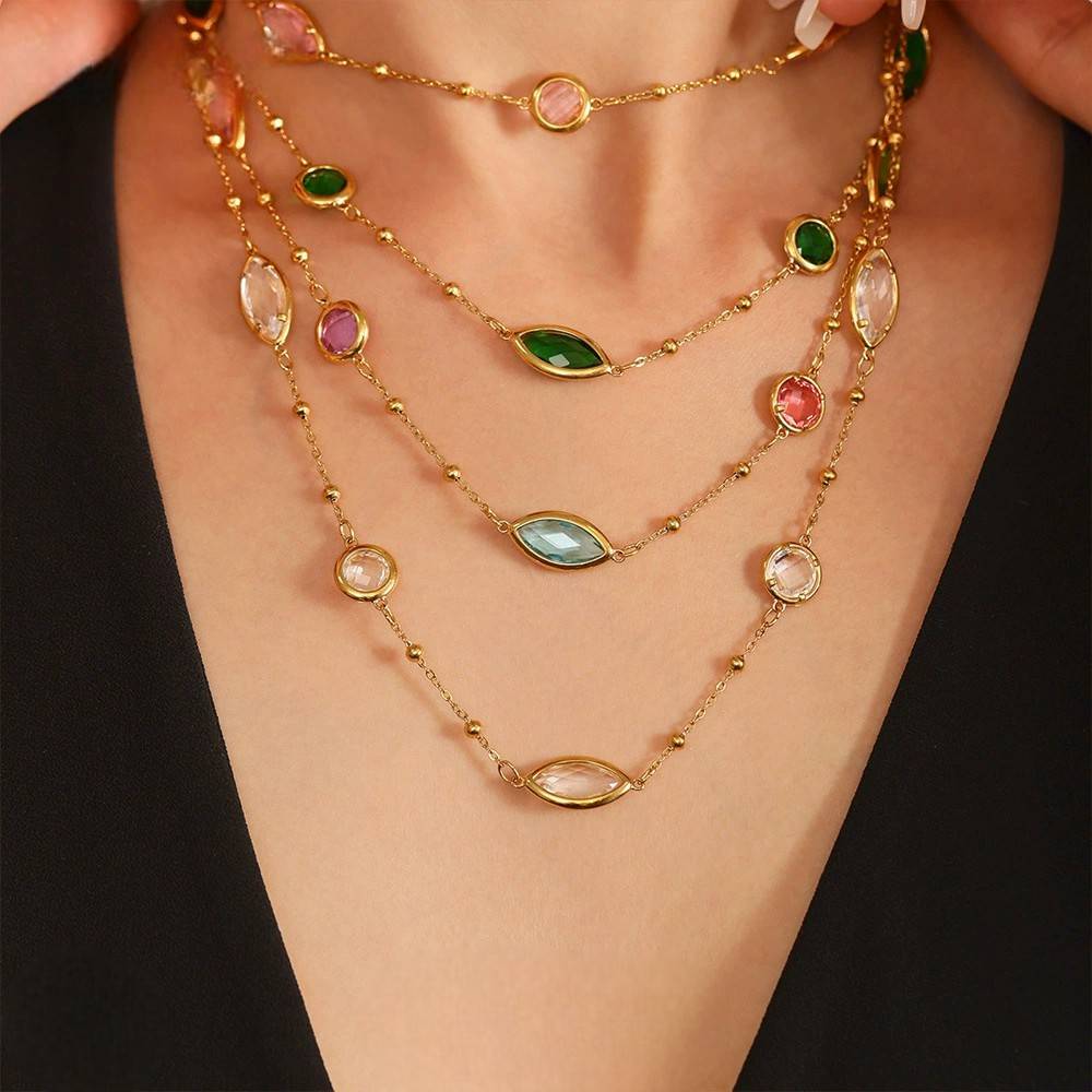 18K Gold Plated Anti-Tarnish Glass Stone Chain Necklace : ALL0725N285MC