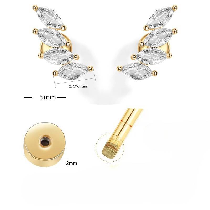 14K Gold Plated Anti-Tarnish 4 Leaf Zircon Flat Back Stud Earrings : AXY0925E1065