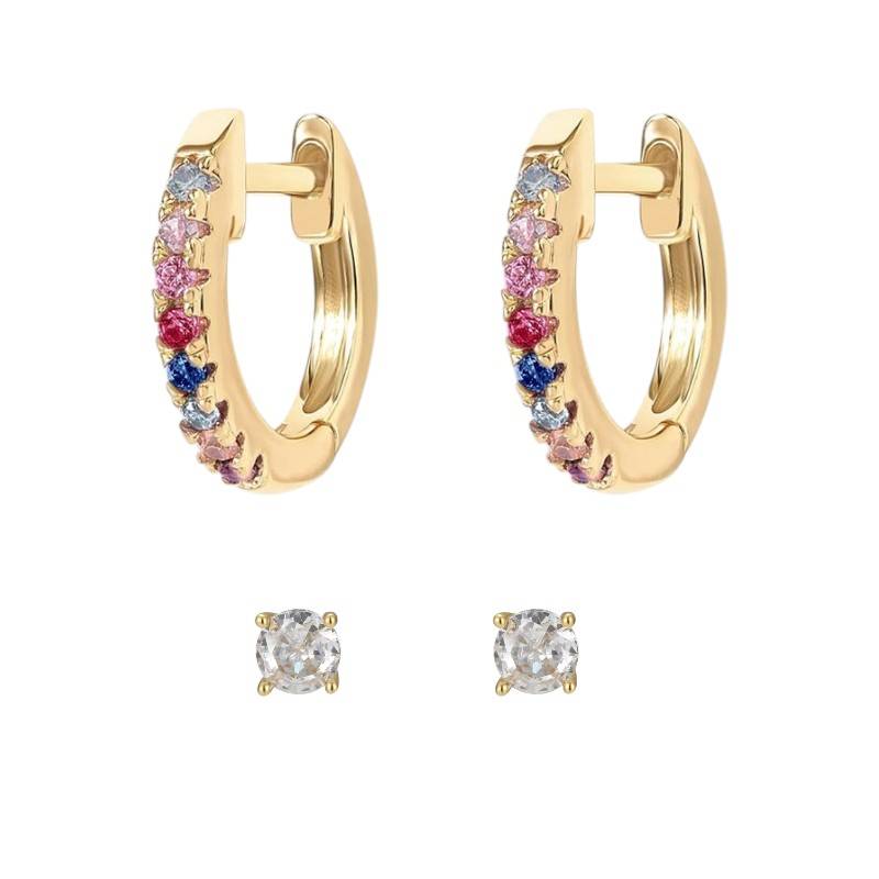 14K Gold Plated Anti-Tarnish Multicolor Zircon Huggie And Stud