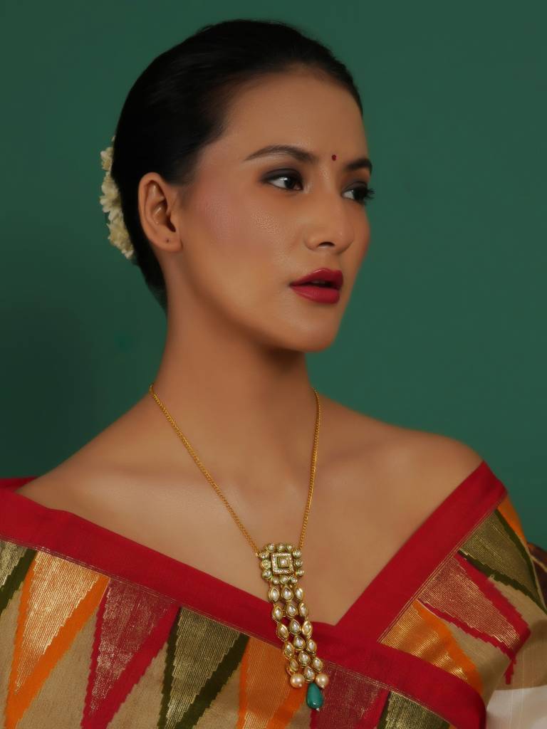Waterfall Long Kundan Necklace In Gold Chain : RRAUG23-73