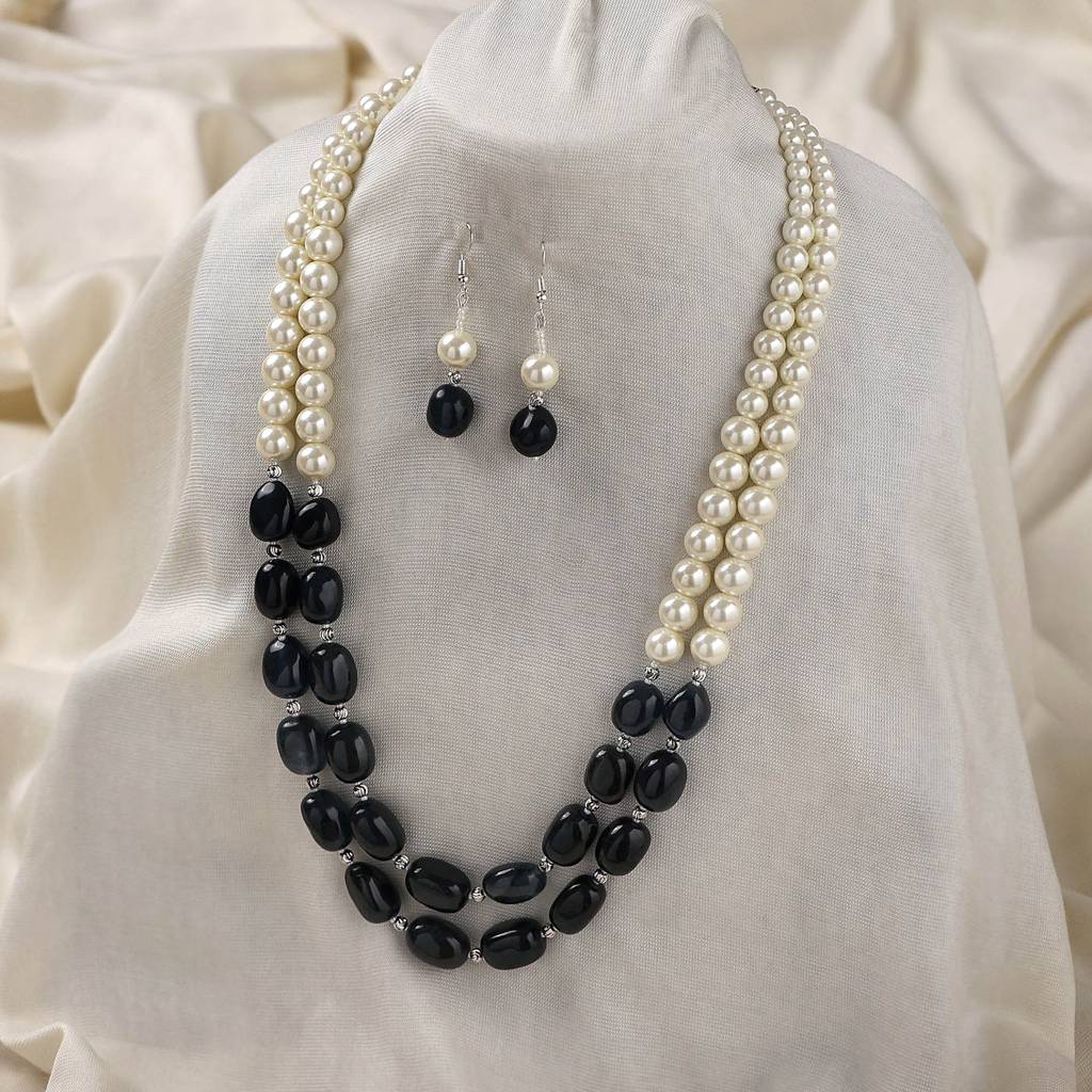 Black Sotnes & White Pearls Layered Necklace With Matching Earrings : OS007