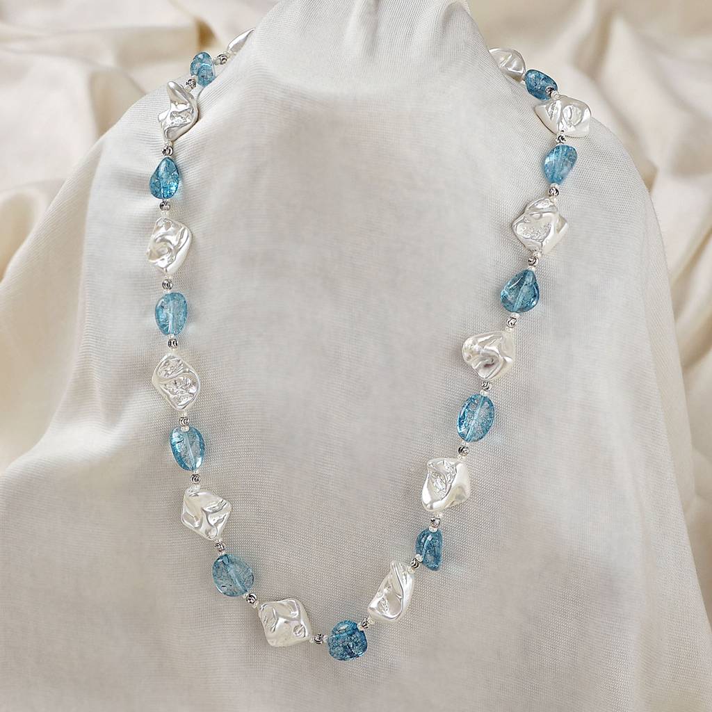 High Quality White Pearls Blue Semi Precious Stone Necklace : OS010