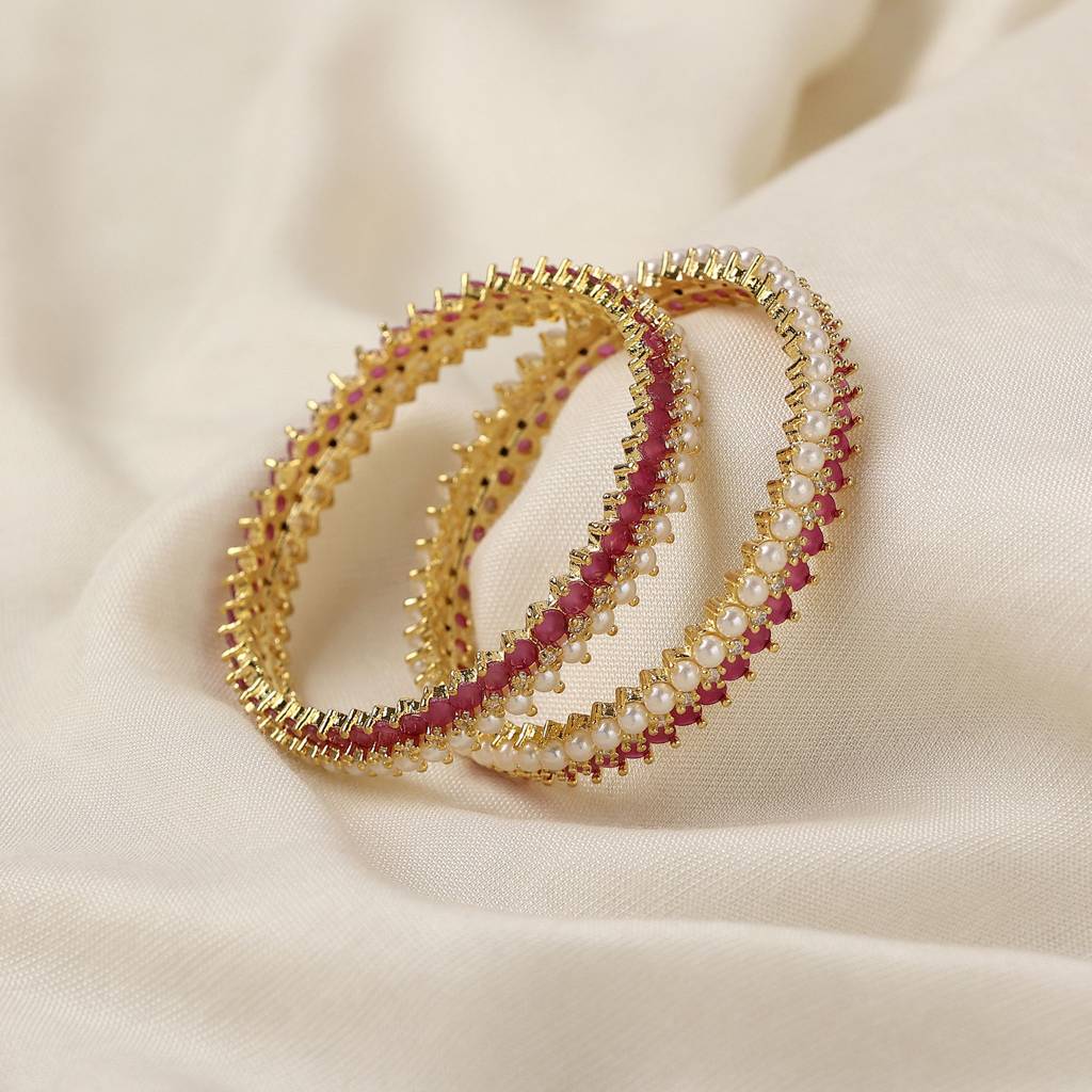 Radiant Red Ruby And Pearl Fusion Golden 2 Bangles : OS011