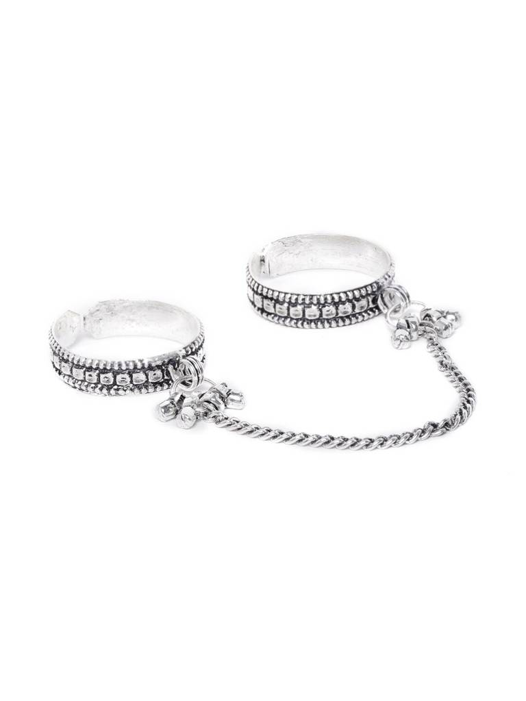 Firoza Oxidized Silver Toned Chain Linked Two Finger Ring : OXYRNG692