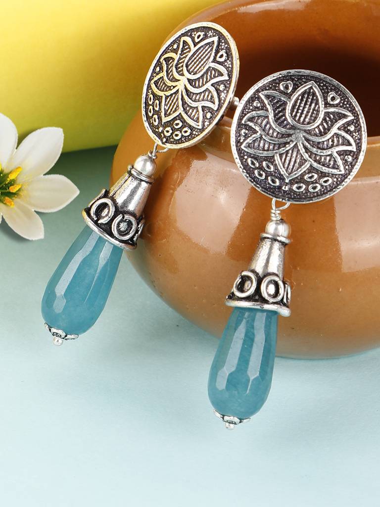 Firoza Oxidized Silver Toned Aqua Drop Earrings : OXYTHEDROP790