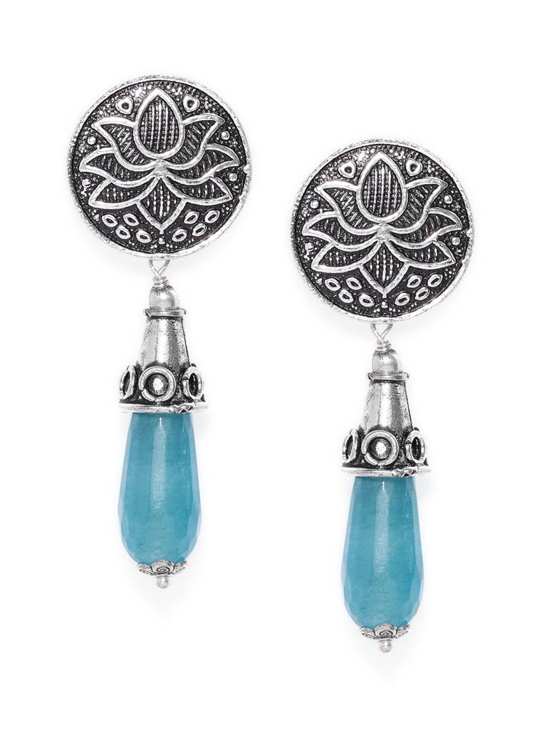 Firoza Oxidized Silver Toned Aqua Drop Earrings : OXYTHEDROP790
