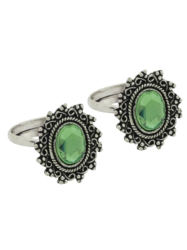 Firoza Oxidized Silver Toned Green Kundan Toe Ring : OXYTR196
