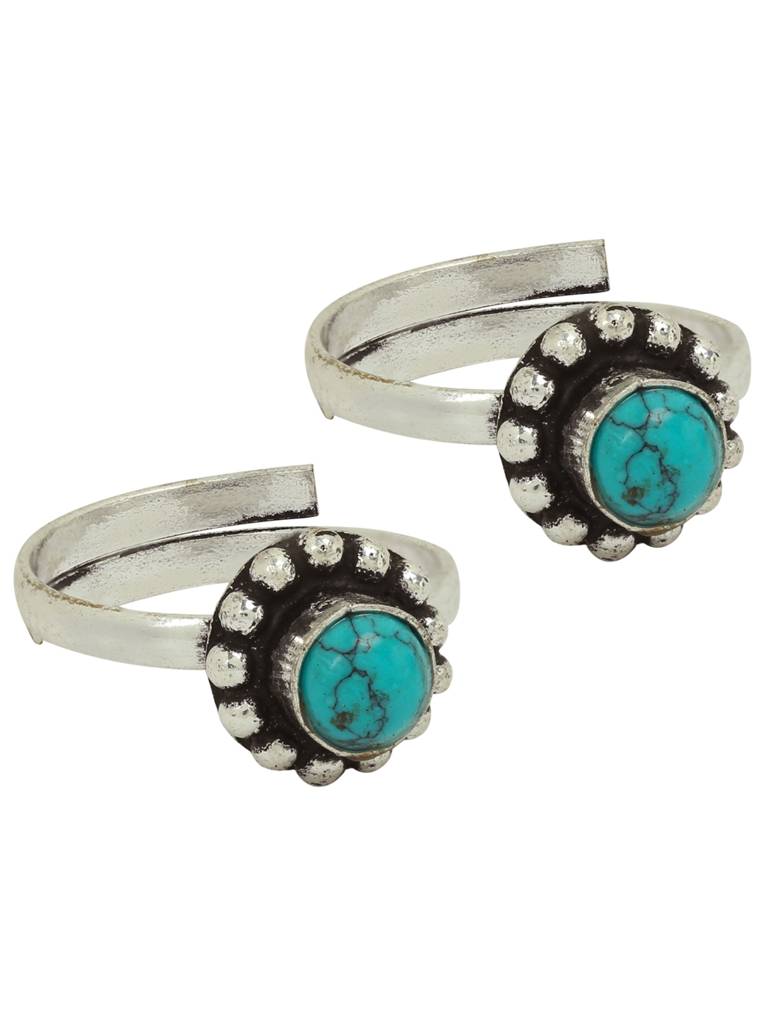Firoza Oxidized Silver Toned Turquoise Circular Toe Ring : OXYTR198