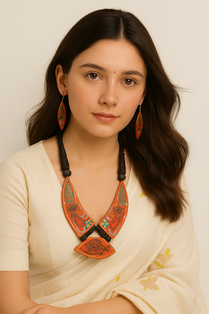 Orange Hand Painted Fabric Adjustable Length Choker Necklace Set : ALT-Jew-Sipani-204