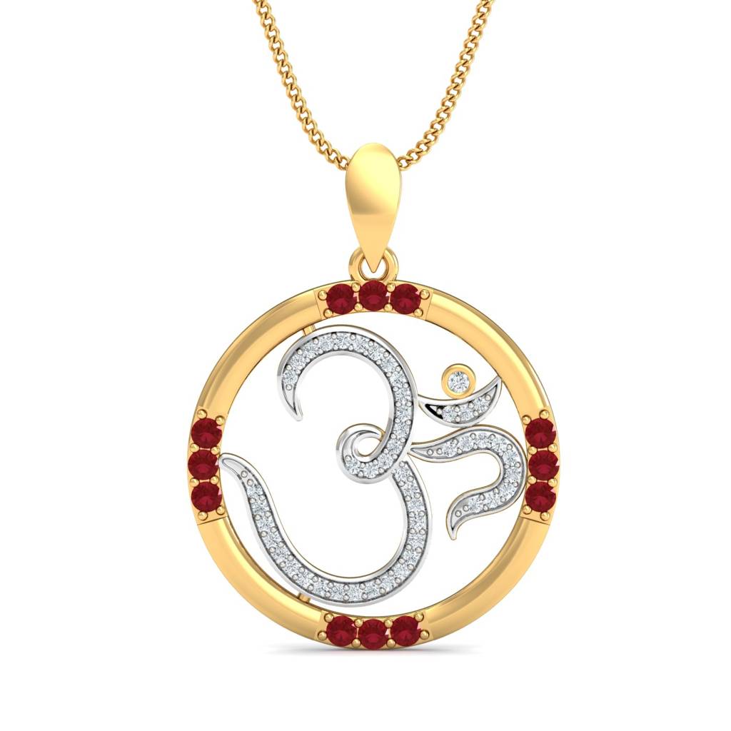 KuberBox 18K Yellow Gold Om Ruby Pendant