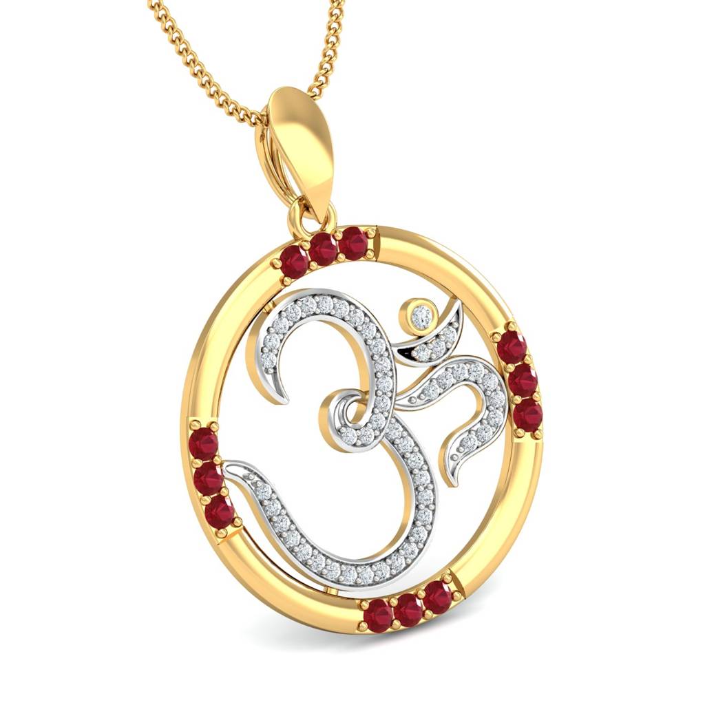 KuberBox 18K Yellow Gold Om Ruby Pendant