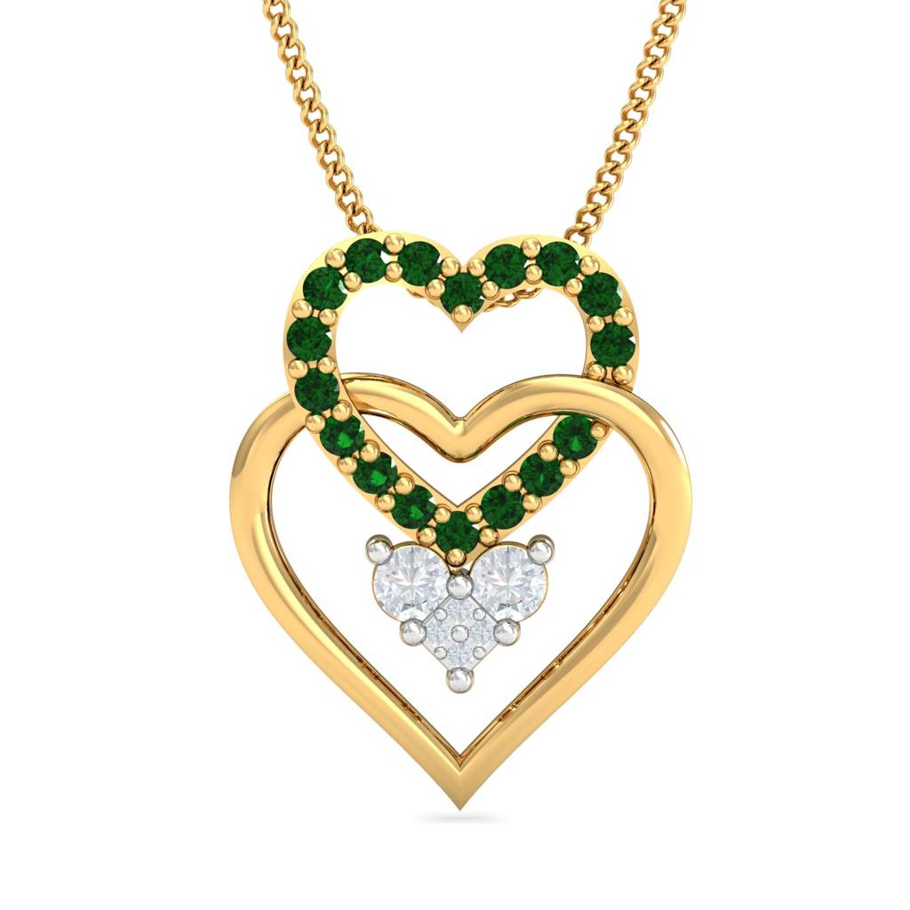 KuberBox 18K Yellow Gold Tri Heart Emerald Pendant