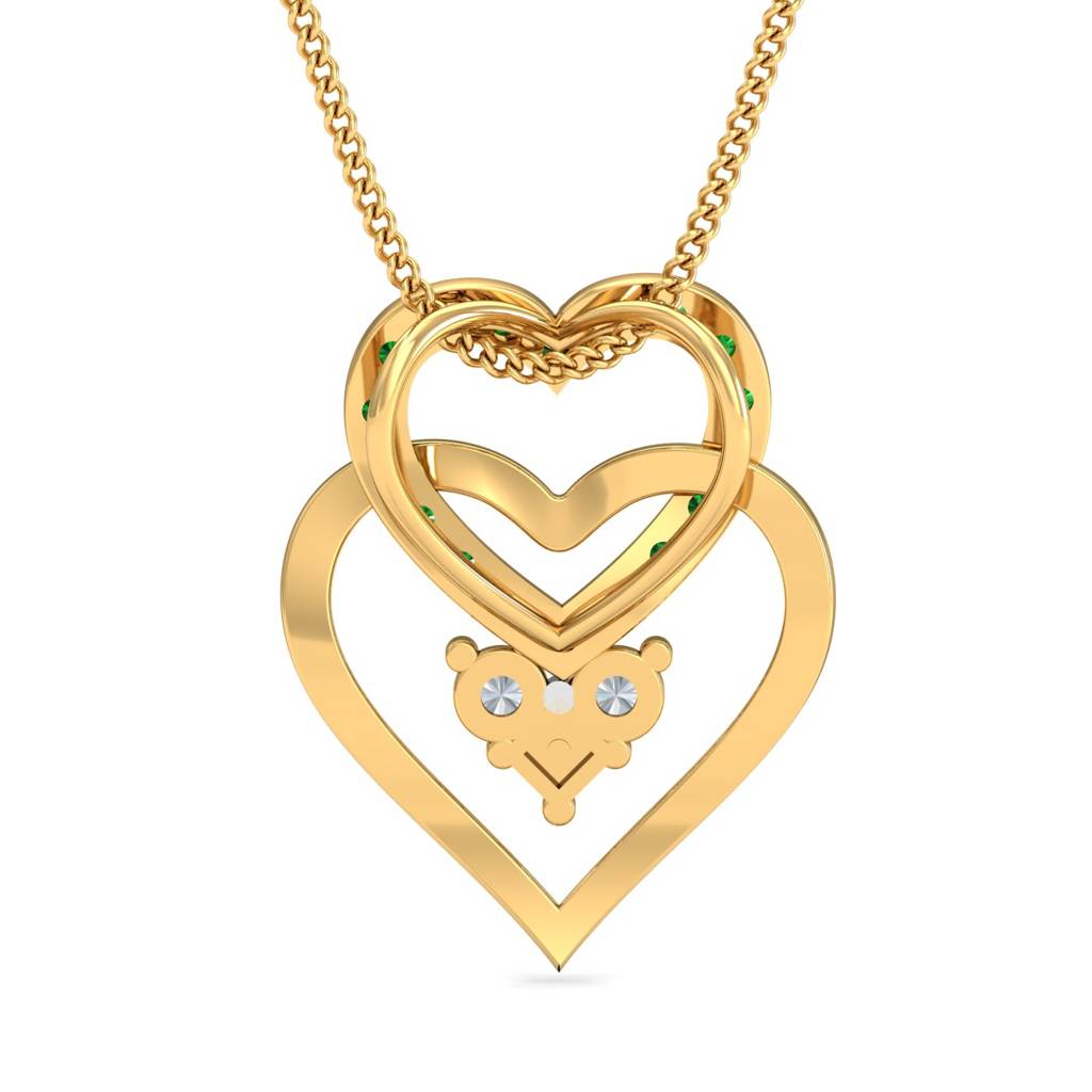 KuberBox 18K Yellow Gold Tri Heart Emerald Pendant