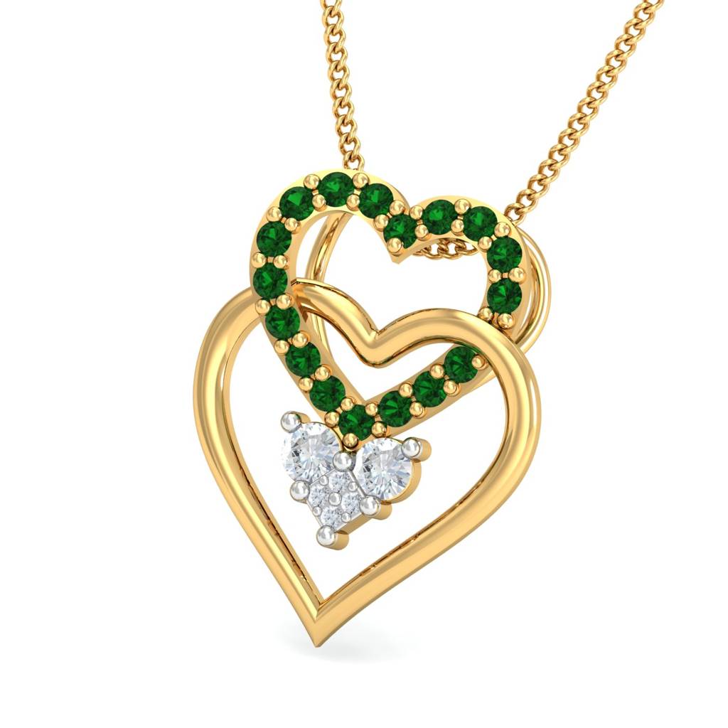 KuberBox 18K Yellow Gold Tri Heart Emerald Pendant