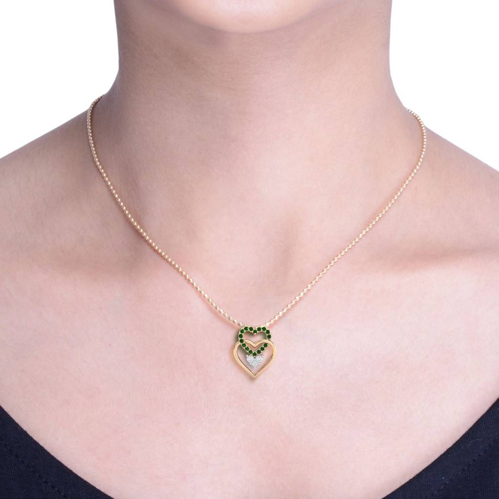 KuberBox 18K Yellow Gold Tri Heart Emerald Pendant