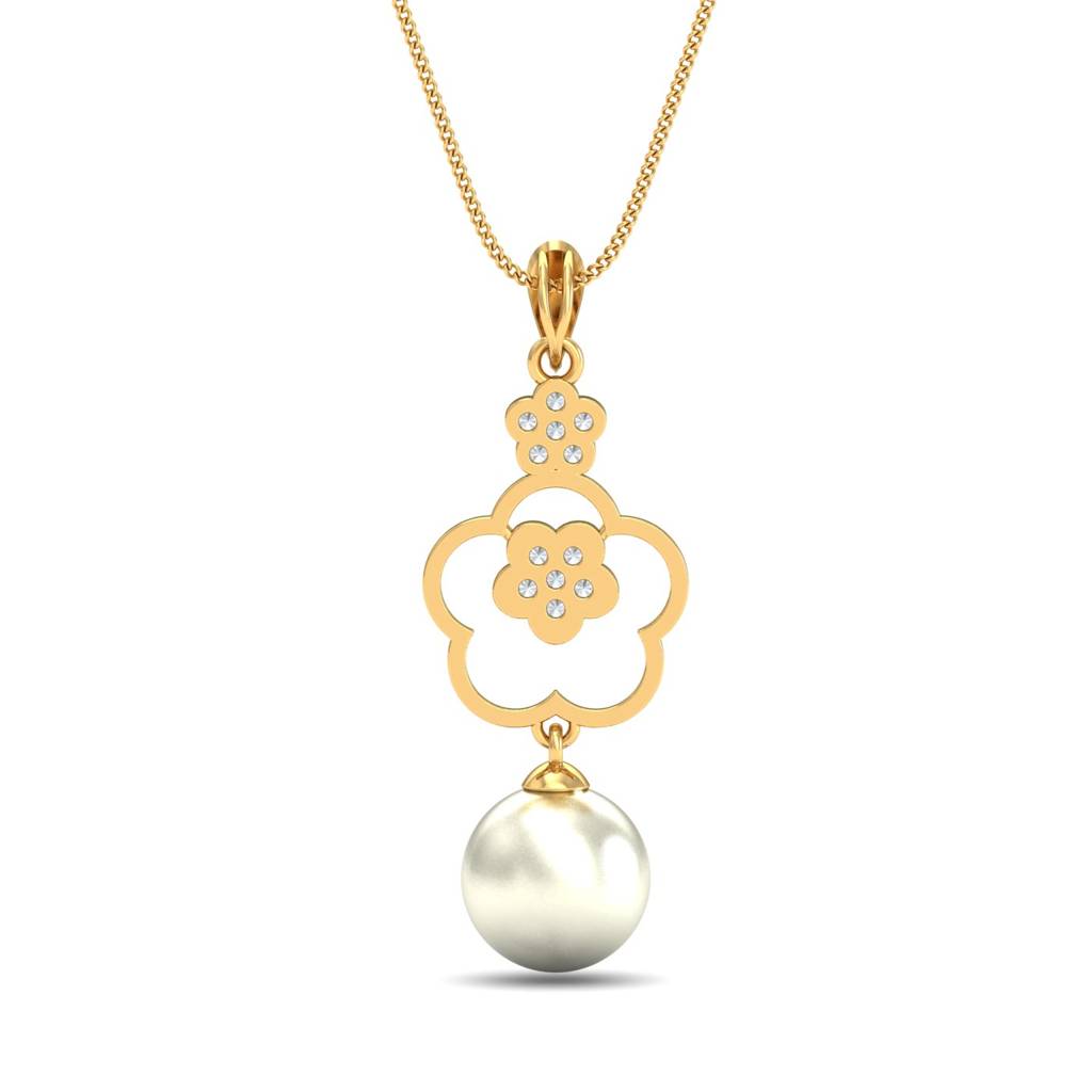KuberBox 18K Yellow Gold Floral Drop Pearl Pendant