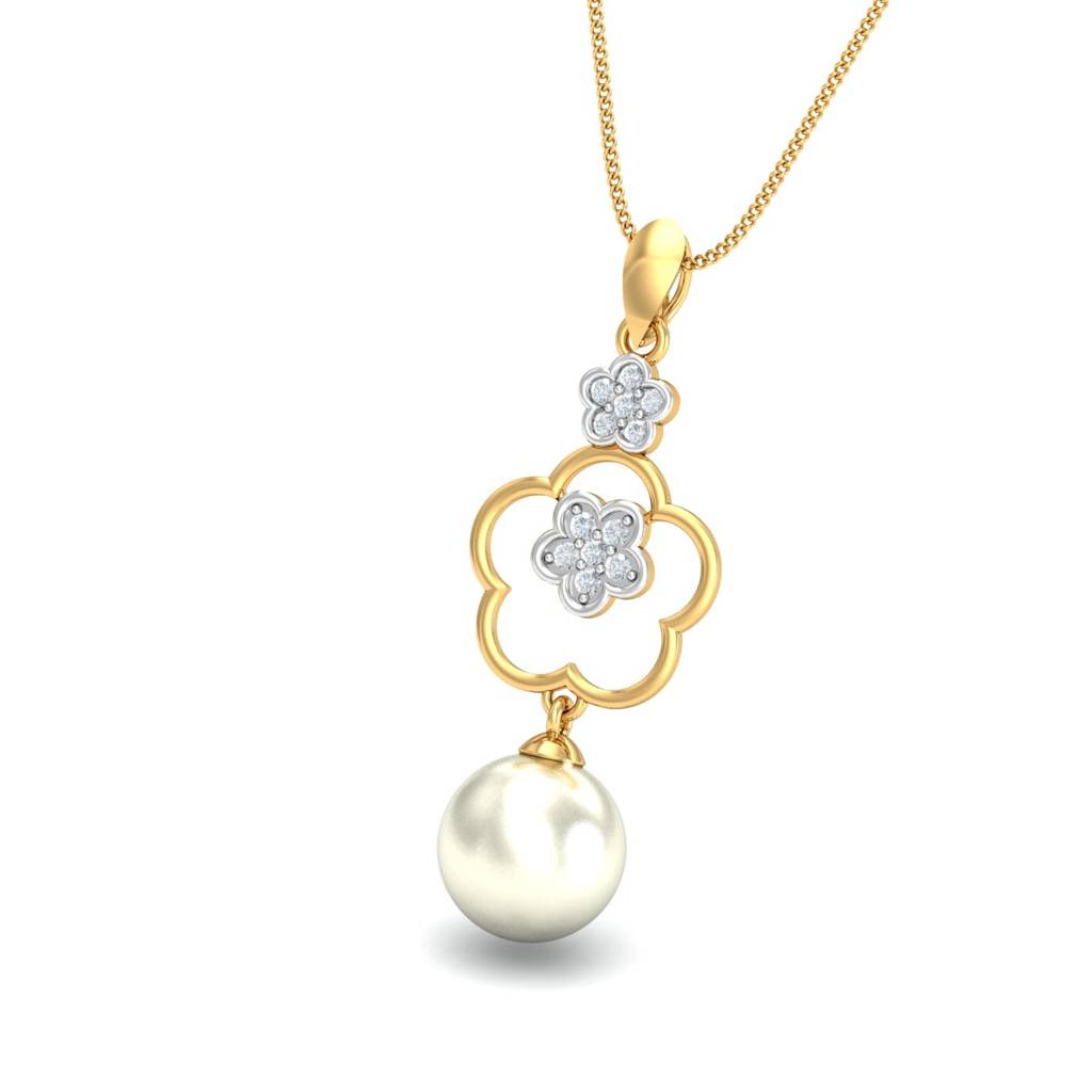 KuberBox 18K Yellow Gold Floral Drop Pearl Pendant
