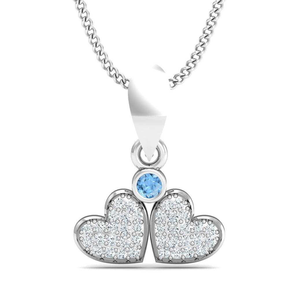 KuberBox 18K White Gold Aqua Twin Hearts Pendant