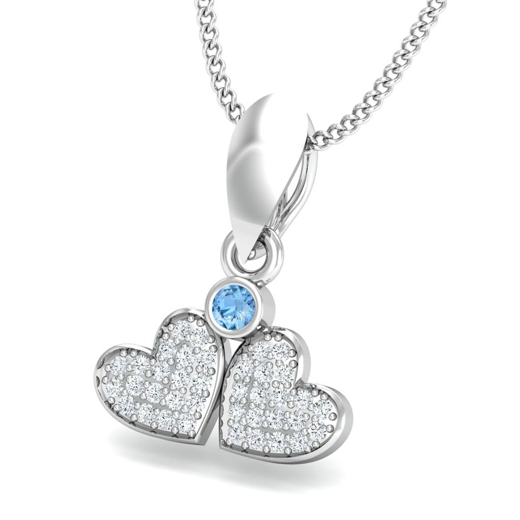 KuberBox 18K White Gold Aqua Twin Hearts Pendant