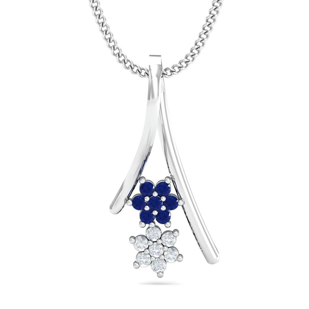 KuberBox 18K White Gold Floral Blue Sapphire Pendant