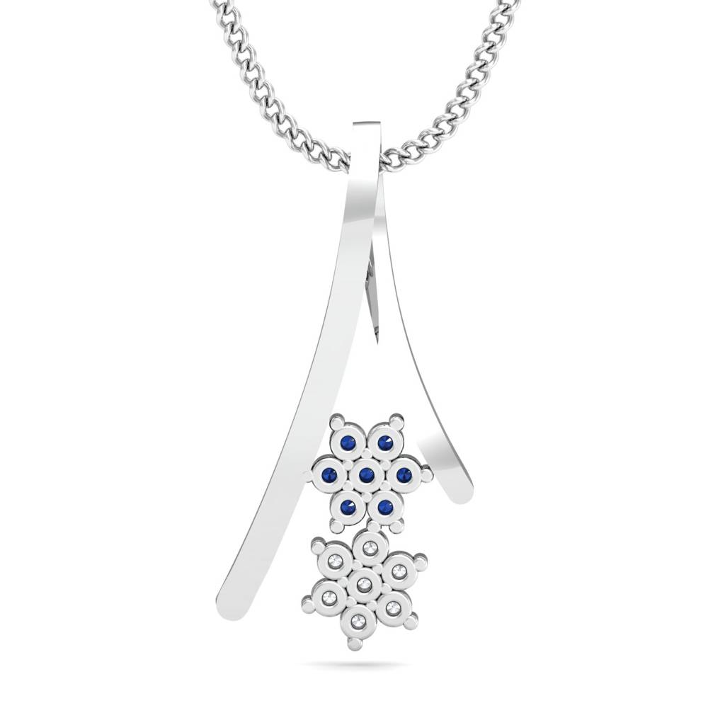 KuberBox 18K White Gold Floral Blue Sapphire Pendant