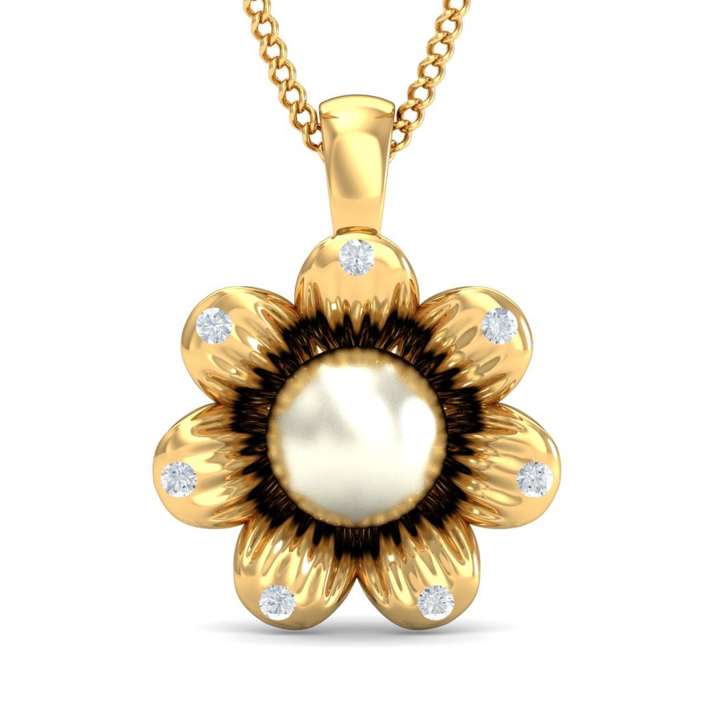 KuberBox 18K Yellow Gold  Dahlia Floral Pearl Pendant