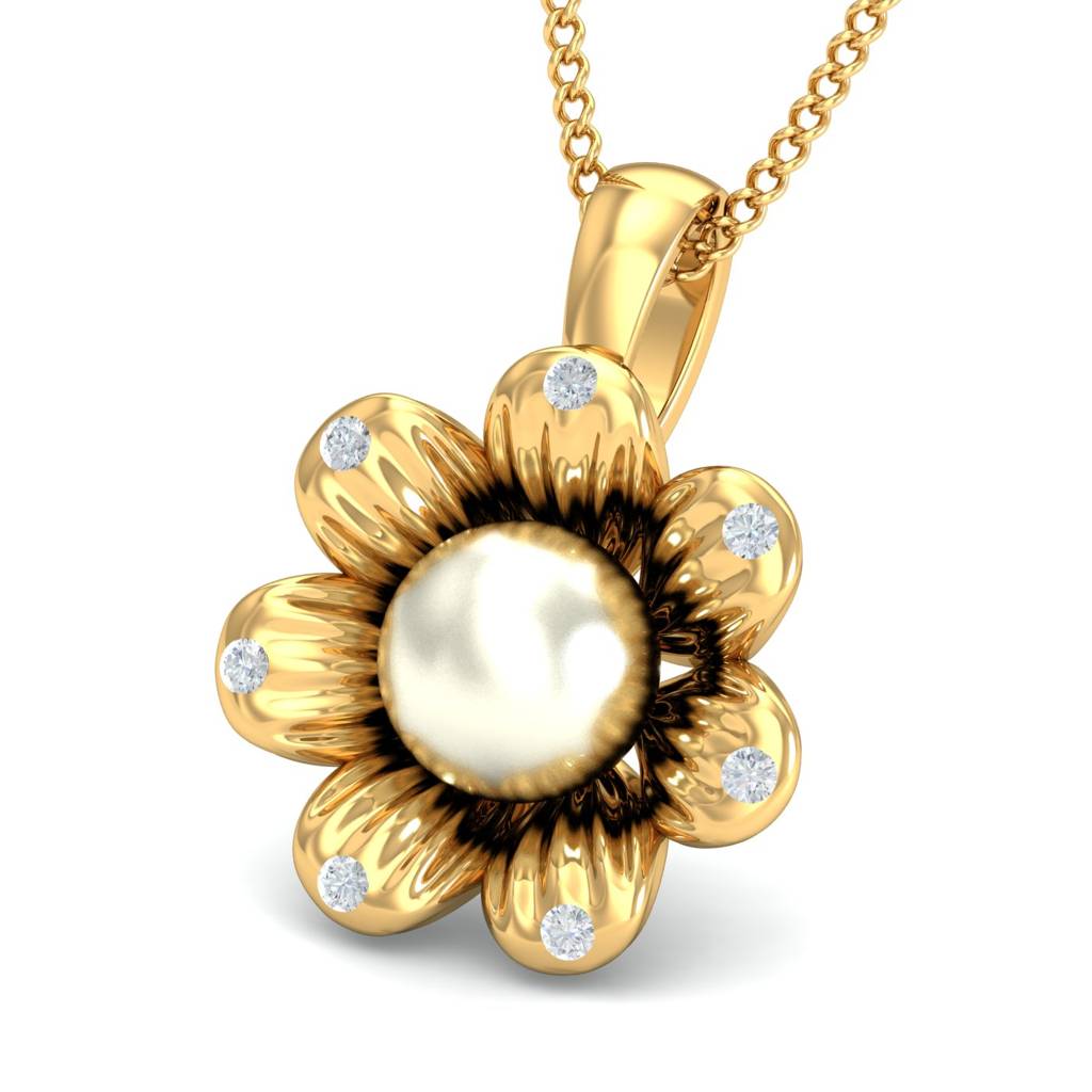 KuberBox 18K Yellow Gold  Dahlia Floral Pearl Pendant