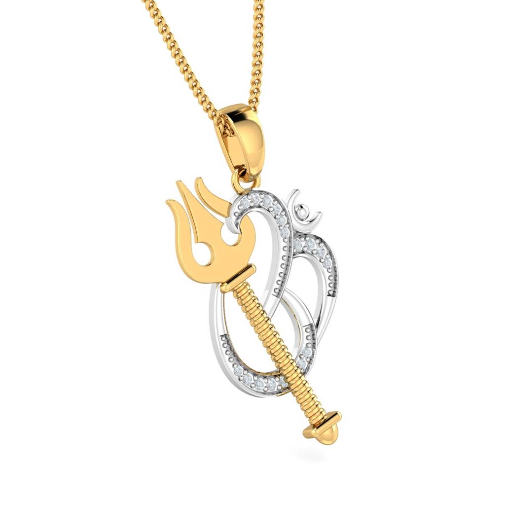 KuberBox 18K Yellow Gold Om Shiv Trishul Pendant