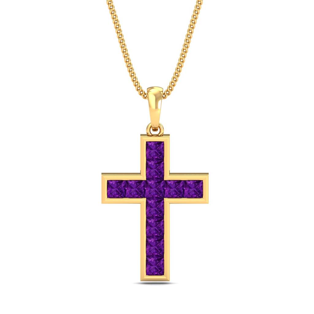 KuberBox 18K Yellow Gold Amethyst Cross Pendant