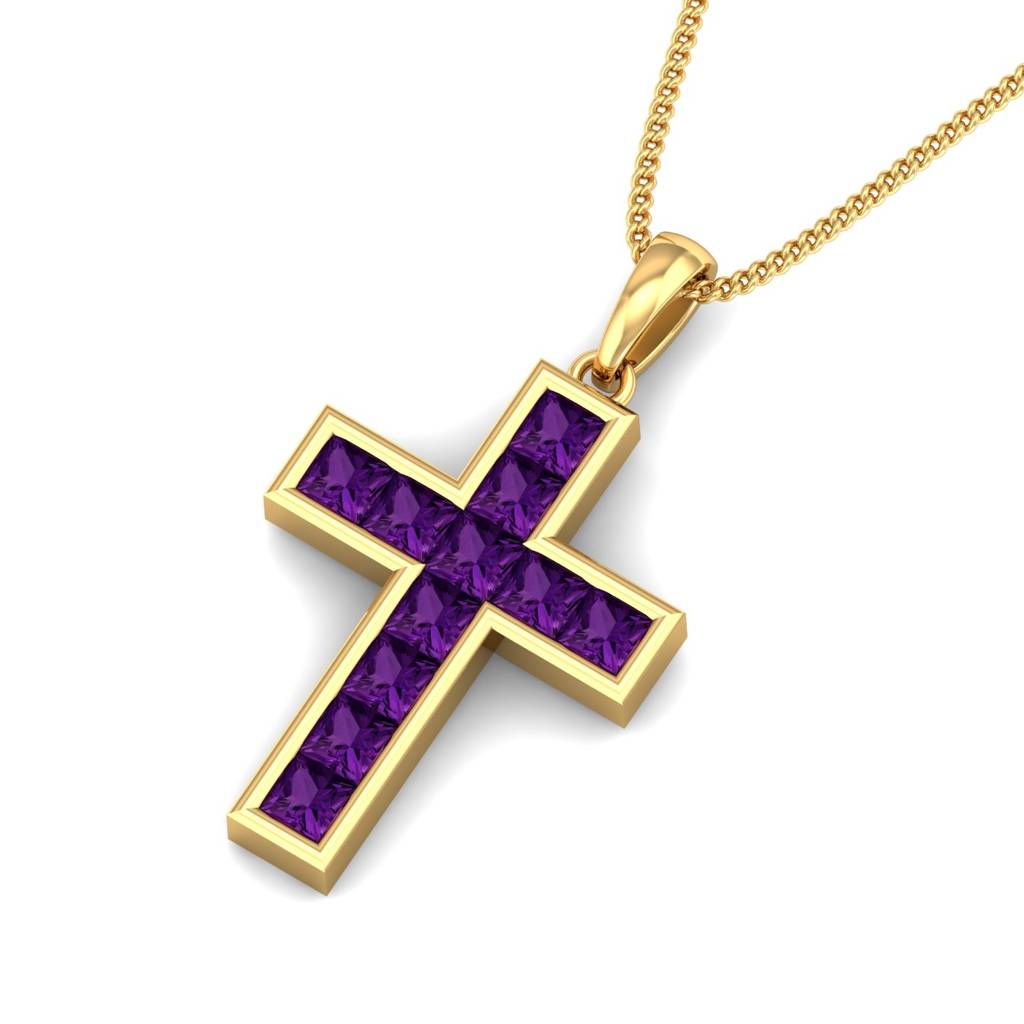 KuberBox 18K Yellow Gold Amethyst Cross Pendant