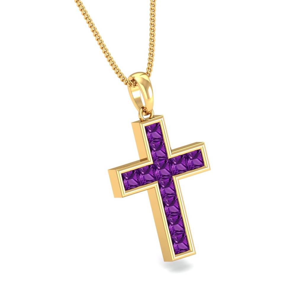 KuberBox 18K Yellow Gold Amethyst Cross Pendant