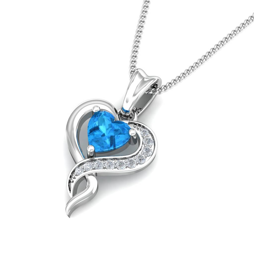 KuberBox 18K White Gold Blue Topaz Heart Pendant