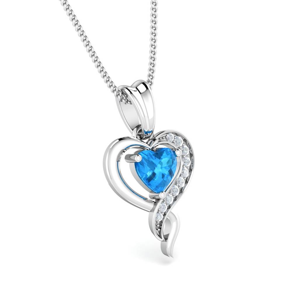 KuberBox 18K White Gold Blue Topaz Heart Pendant