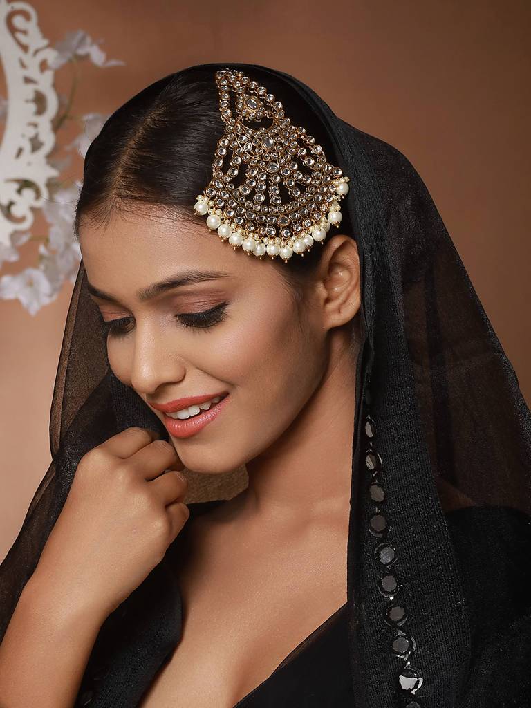 Gold-Plated Kundan Studded Jhumar Passa Head Jewellery : PASSA-JS23-13002