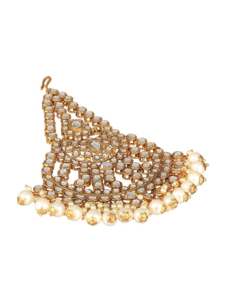 Gold-Plated Kundan Studded Jhumar Passa Head Jewellery : PASSA-JS23-13002